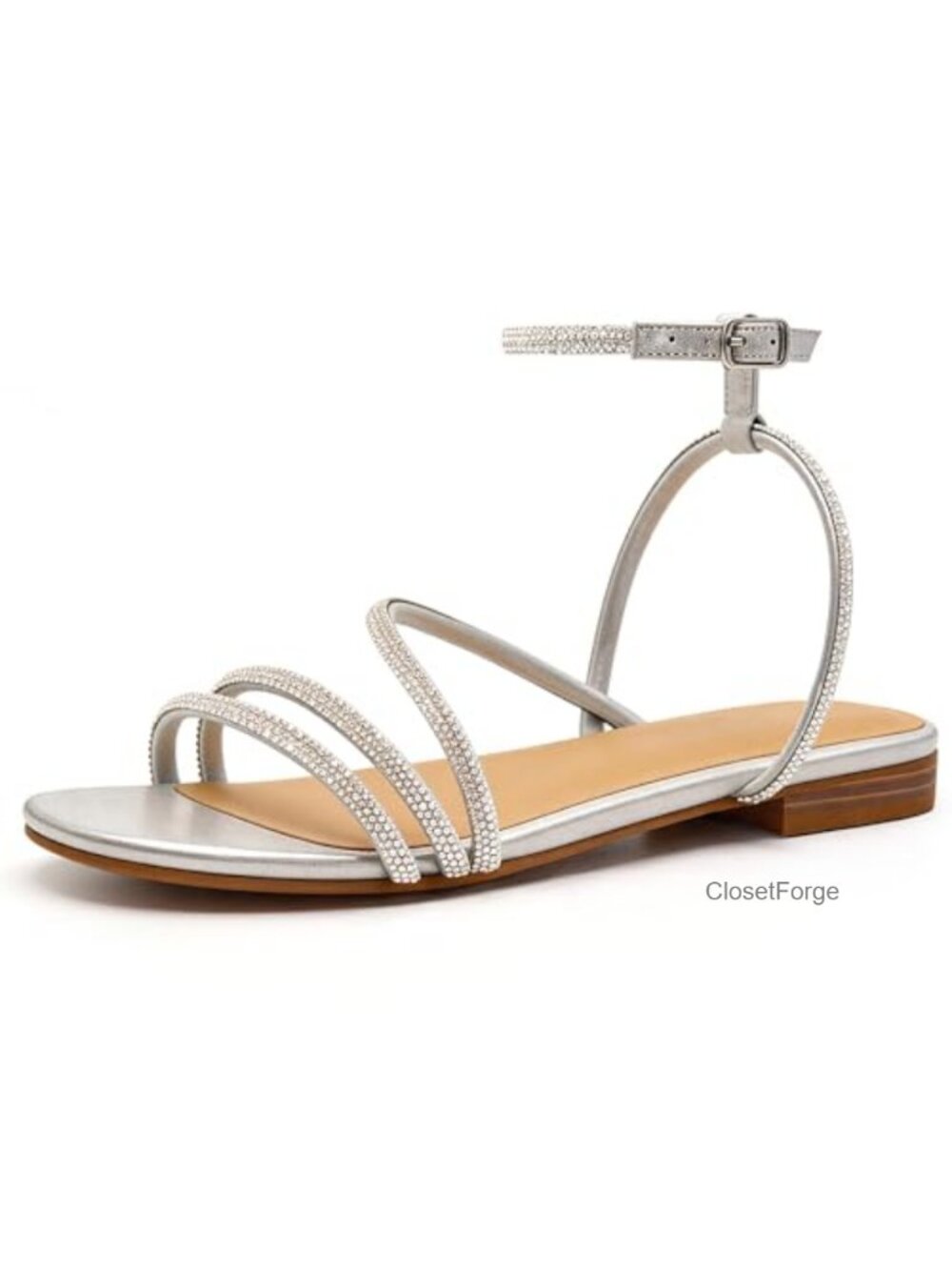 Rhinestone Flat Sandals with Adjustable Ankle Strap